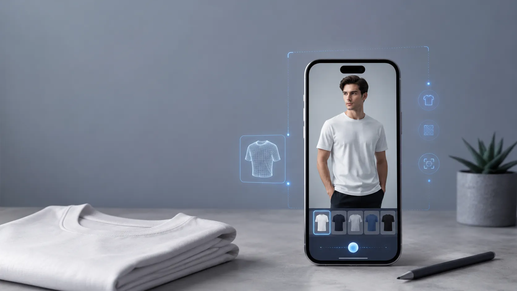 สมาร์ทโฟนแสดงแอปลองเสื้อยืดเสมือนจริงด้วย AI วางคู่เสื้อยืดพับ
