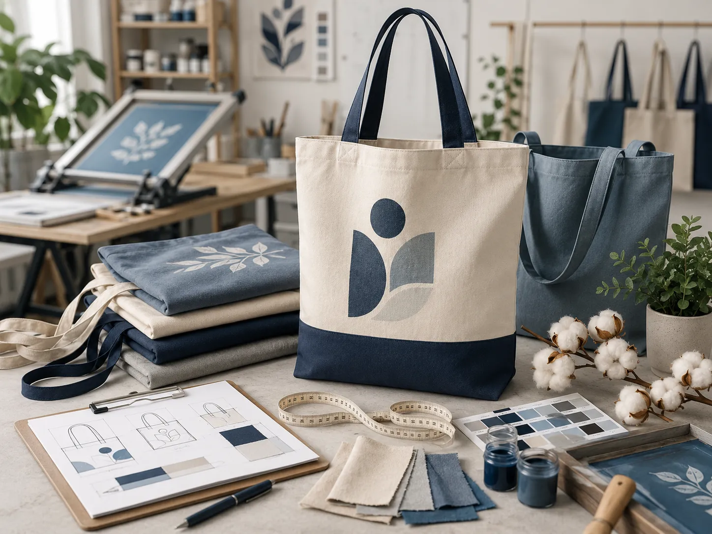 ถุงผ้าแคนวาส tote bag สีครีมหูและก้นสีกรมท่าพิมพ์โลโก้ วางบนโต๊ะออกแบบพร้อมตัวอย่างผ้า สีหมึกสกรีน และแบบสเก็ตช์ถุงผ้า