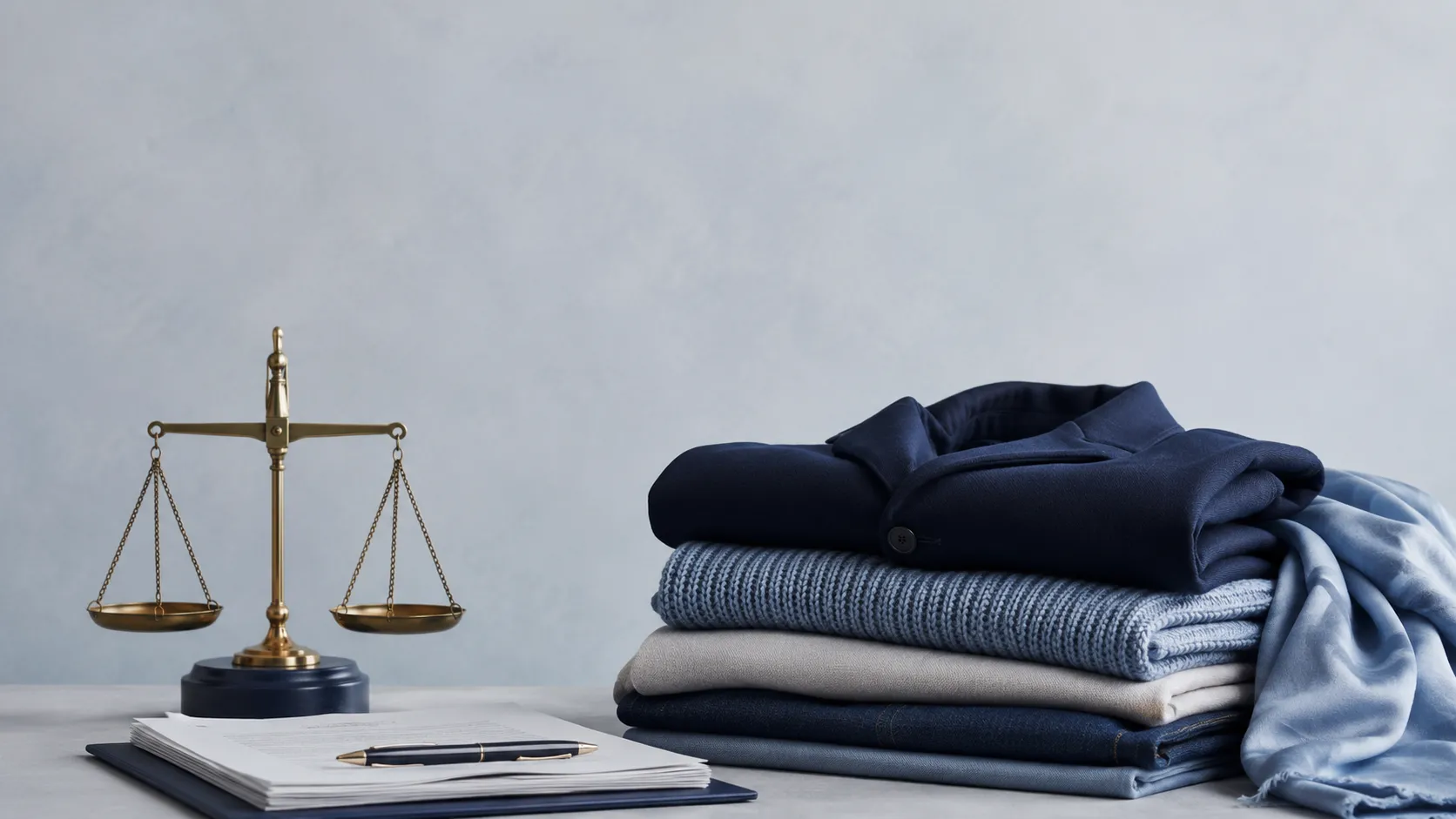 ตราชั่งกฎหมายวางคู่เสื้อผ้าพับ สื่อกฎ Fast Fashion ของ EU