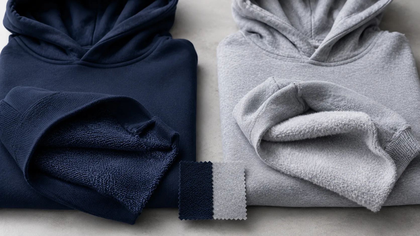 เสื้อฮู้ดสองตัวโชว์เนื้อผ้า French Terry และ Fleece เทียบกัน