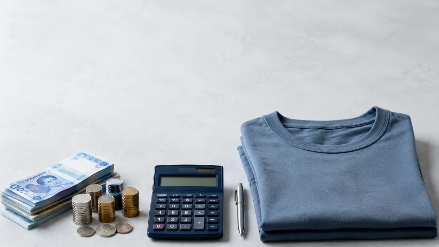 เหรียญและธนบัตรวางคู่เสื้อยืดและเครื่องคิดเลข สื่อต้นทุนค่าแรง 400 บาท